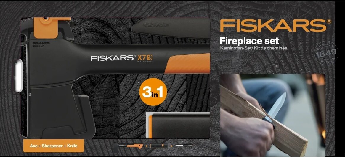 Набор Fiskars: универсальный топор Х7, нож К40, точилка для топоров и ножей 1059024