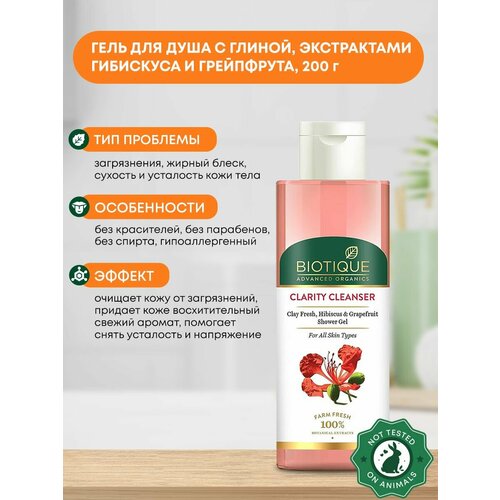Гель для душа очищающий с глиной экстрактами гибискуса и грейпфрута Biotique Биотик 200мл 476₽