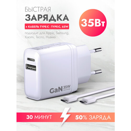 Сетевое зарядное устройство Power Delivery QC 35W с кабелем Type C - Type C 65W PD 1 метр быстрая зарядка GAN белая Brozo 1190₽