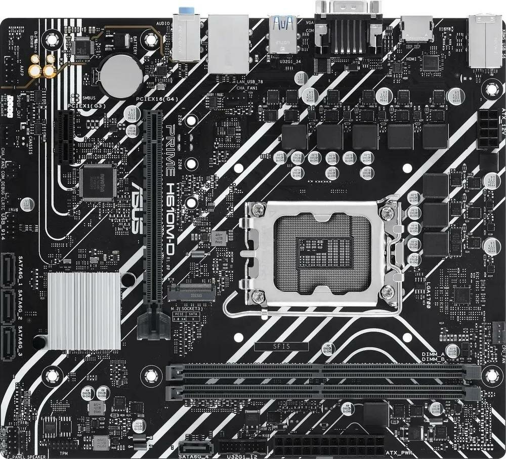 Материнская плата ASUS PRIME H610M-D, LGA 1700, Intel H610, 2xDDR5, 4xSATA, 1xM.2, 1xPCI-E 4.0 x16, 1x1Gb LAN, 2xUSB-A 3.2 Gen 1, 4xUSB-A 2.0, 1xHDMI, 1xVGA, 3x3.5 мм, 1xRS-232, 7.1, Micro-ATX