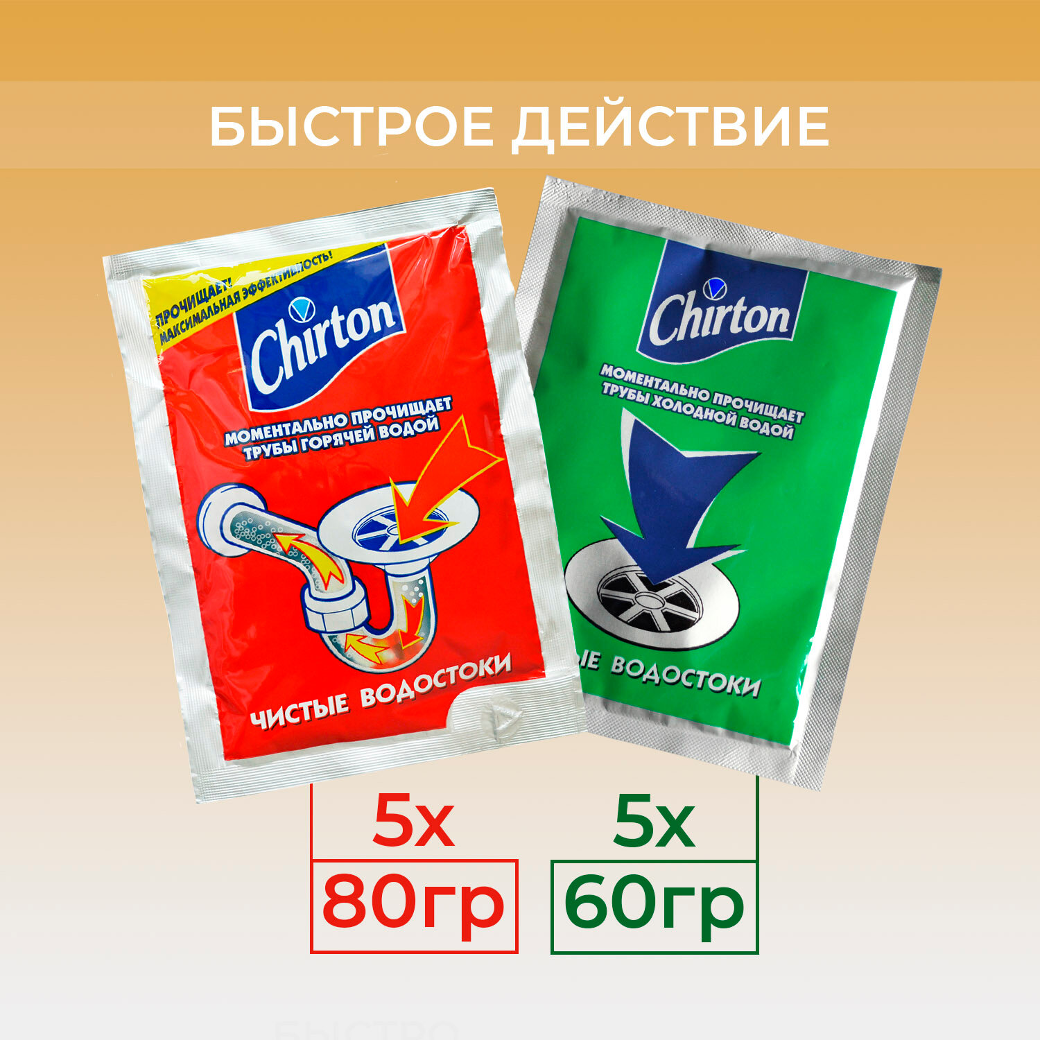 фото Средство Chirton для прочистки труб холодной водой 60 гр (5 шт) и для прочистки труб горячей водой 80 гр (5 шт)