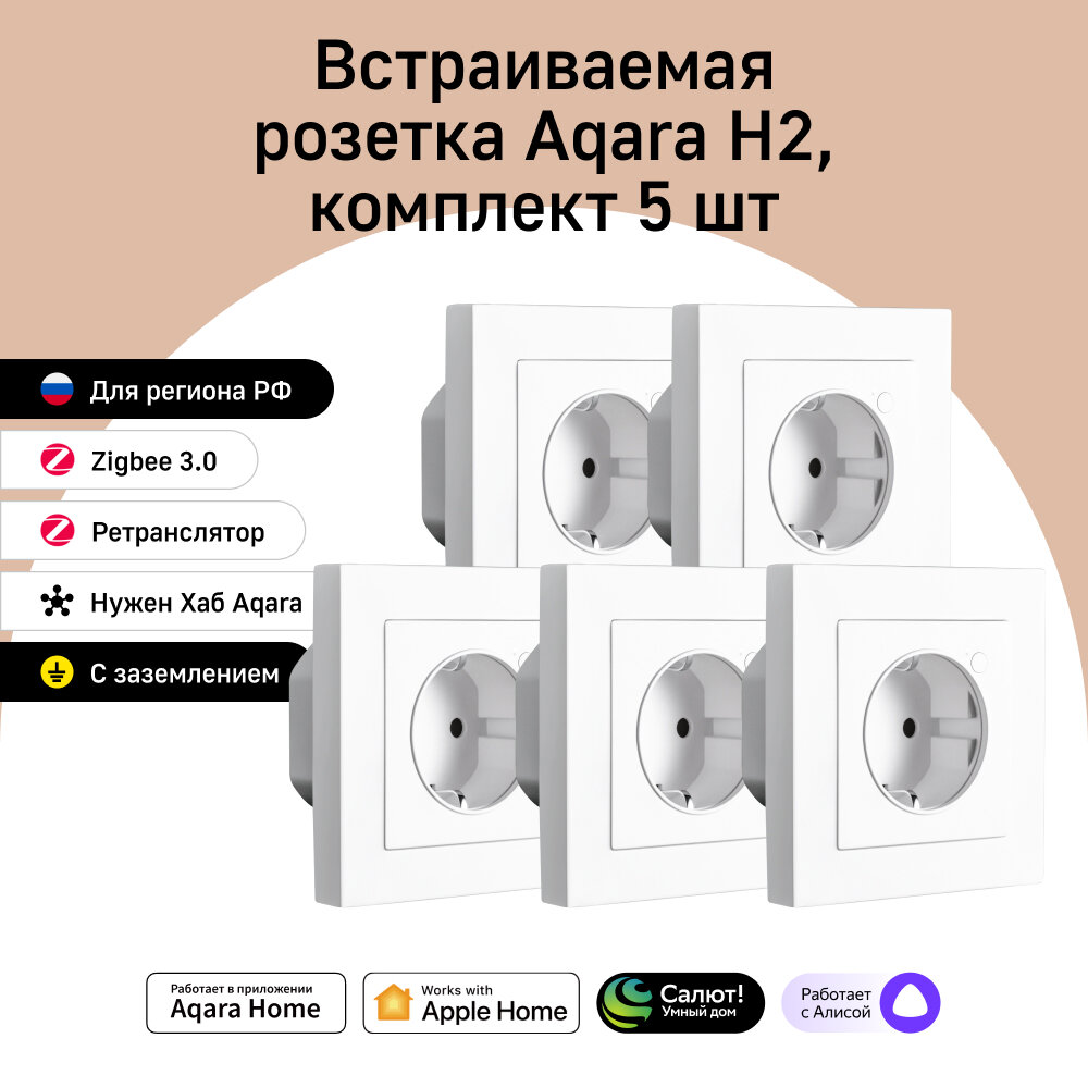 фото Комплект умных встраиваемых розеток Aqara H2 WP-P01D, умный дом, 5 штук, белый