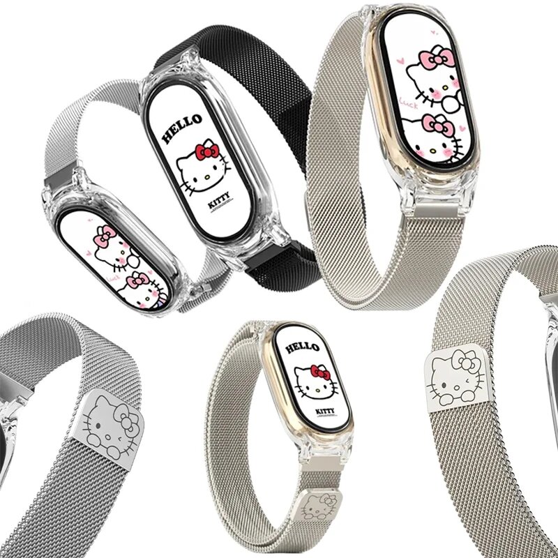 Изображение Ремешок для часов Sanrio Hello Kitty Milanese, совместимый с Xiaomi Mi Band 8/7/6/5/4/3, металлический магнитный ремешок для часов в стиле аниме, совместимый с ремешком для часов Xiaomi Mi Band NFC.