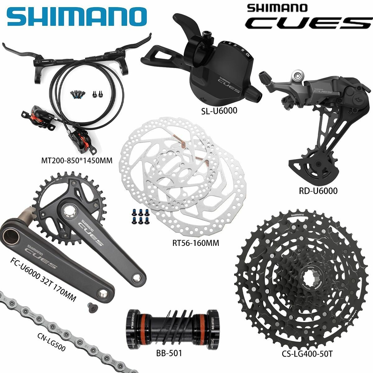 Комплект трансмиссии для горного велосипеда Shimano CUES U6000 трансмиссия 1X11 SL-R/RD (с окном) кассета цепь32/170mm кривошип плюс каретка тормоза MT200 с роторами 160 мм. (Набор из 8 шт.)