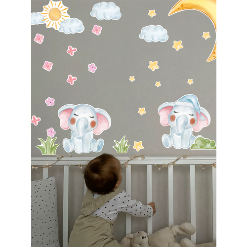 Большие наклейки на стену/мебель/окно интерьер для детей веселые слоники
