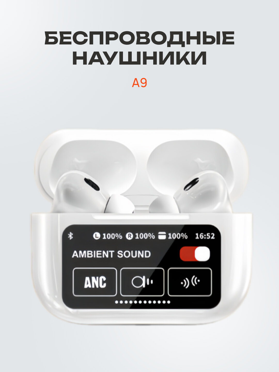 Беспроводные TWS наушники "A9" Белые Premium c шумоподавлением ANC для iPhone/Android сенсорные с ЖК-дисплеем
