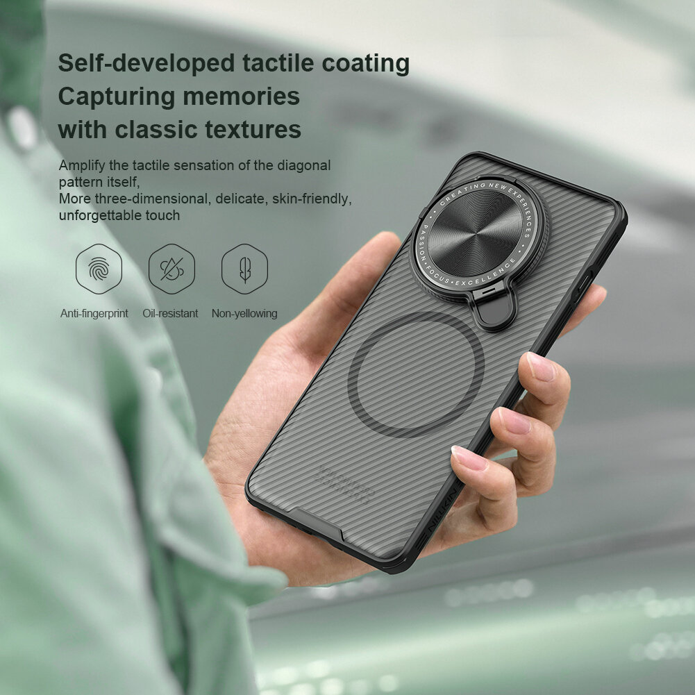 Чехол прозрачный тонированный (Transparent Black) от Nillkin с металлической крышкой и MagSafe на OnePlus 13, серия CamShield Prop Magnetic Case — фото 1