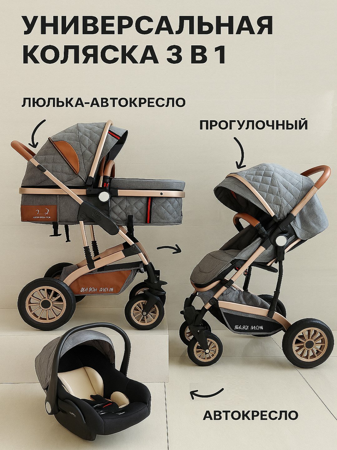 Коляска детская, трансформер, всесезонная, прогулочная с автокреслом