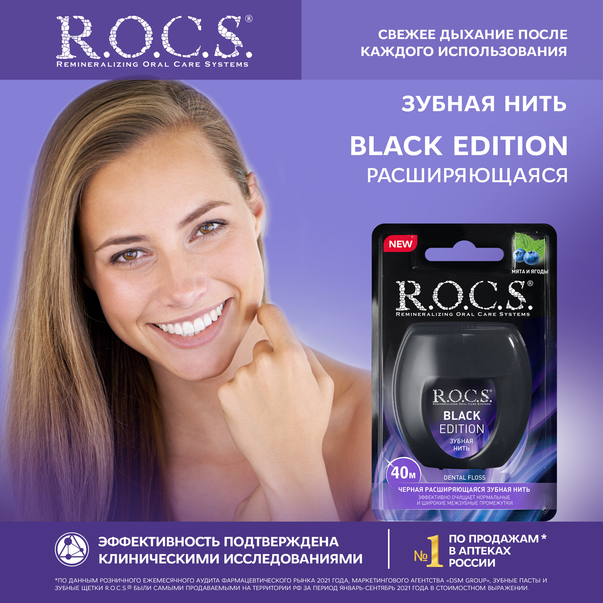 R.O.C.S. Зубная Нить Black Edition расширяющаяся (12) 40м