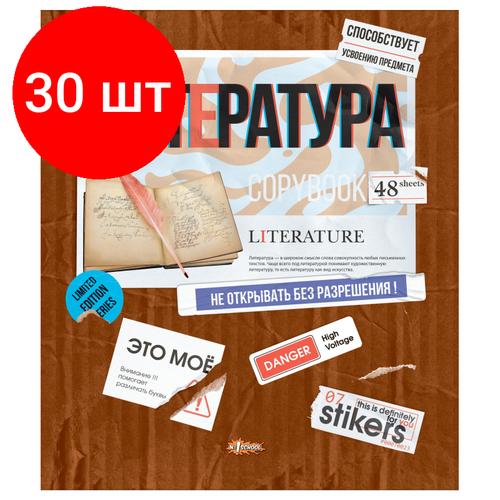 Комплект 30 штук, Тетрадь предметная №1 School Стикеры 48л А5 линия литература, 73395