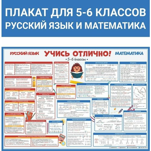 Плакат шпаргалка Учись отлично: Русский язык и математика 5-6 класс