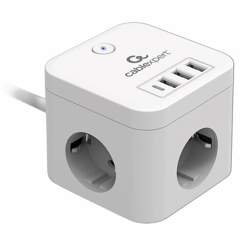 Сетевой фильтр Gembird Cablexpert Cube 3 Sockets 1xType-C PD 3xUSB 1.5m White CUBE-3-CU3-W-1.5