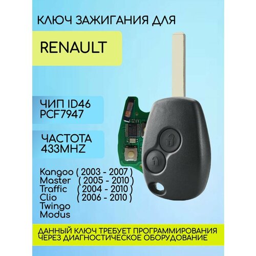 Ключ зажигания автомобиля 2 кнопки для Renault / Рено