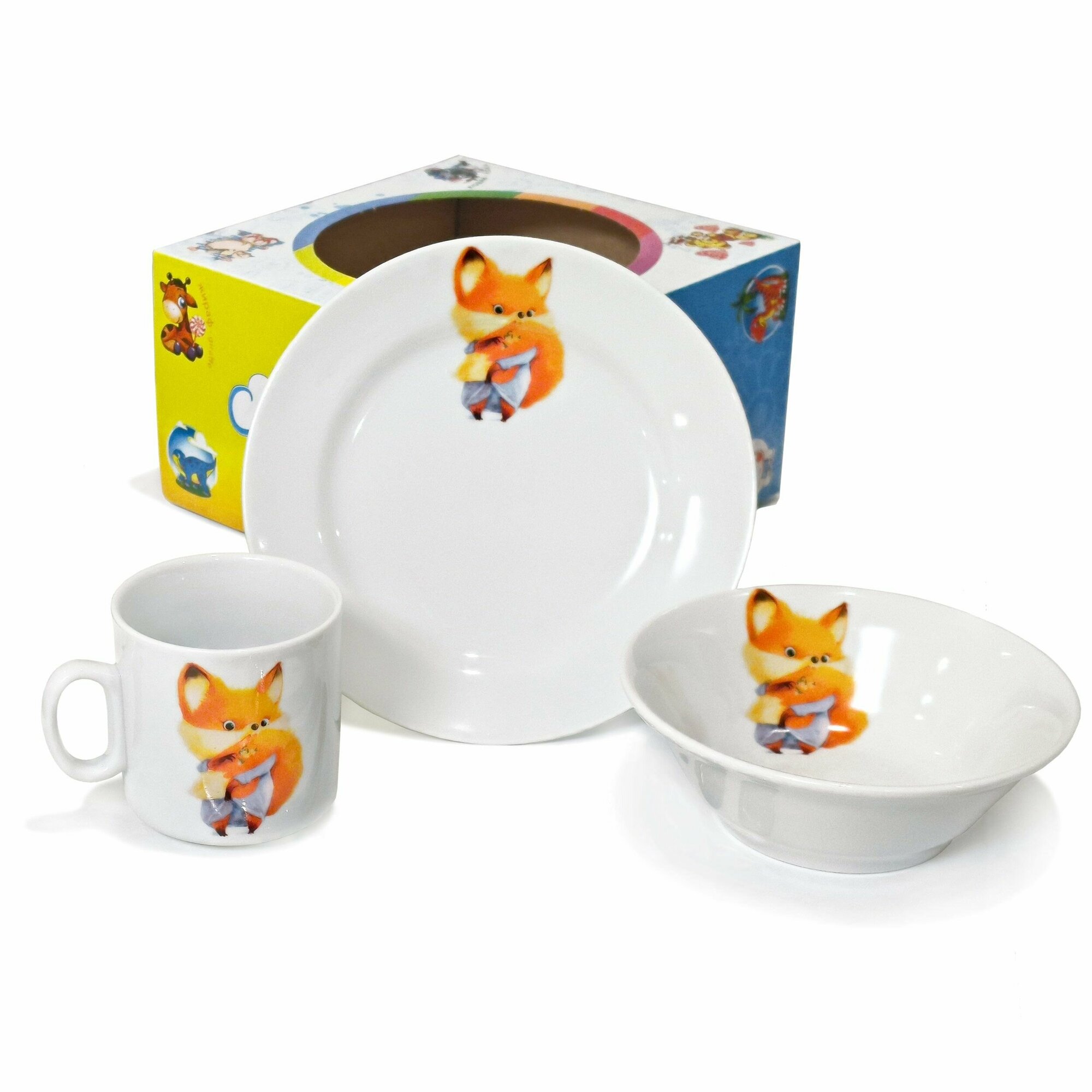 фото Набор посуды для детей "Лисичка" (глубокая тарелка 360 мл, тарелка 175 мм, кружка 200 мл), фарфор