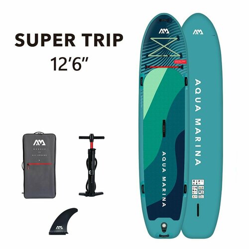 Сапборд надувной семейная без весла Aqua Marina Super Trip 12'6 381х86х15 см бирюзовая насос плавник и сумка макс 220 кг(BT-24ST01) зеленый, темный, синий, размер XL