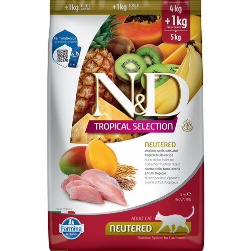 N&D Cat Tropical Selection с курицей, спельтой и тропическими фруктами низкозерновой сухой корм для стерилизованных кошек 5кг