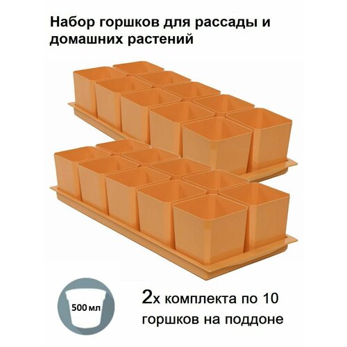 Горшки для рассады и цветов, 20 горшков и 2 общих поддона, оранжевые