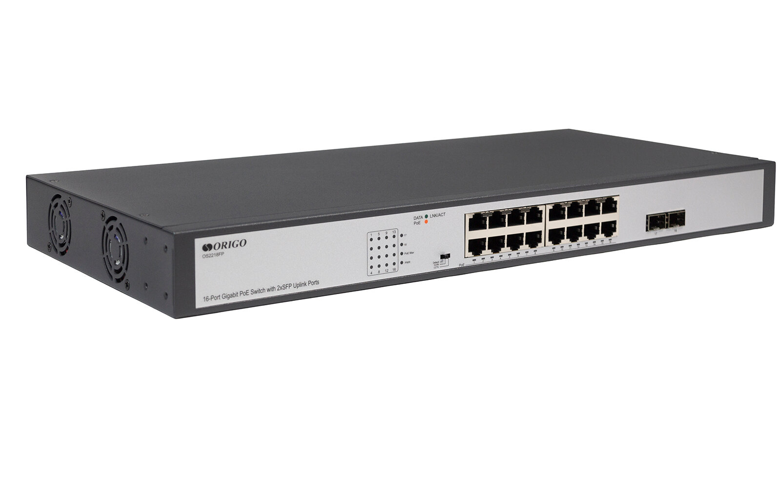 Неуправляемый PoE-коммутатор ORIGO OS2218FP/200W, 16x1000Base-T PoE+, 2x1000Base-X SFP, PoE-бюджет 250 Вт