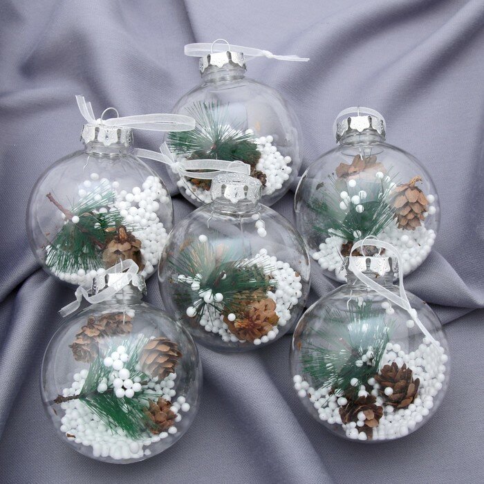 Елочные шары Зимнее волшебство "Льдинка", Шишки, прозрачные, пластик, диаметр 8 см, 6 шт