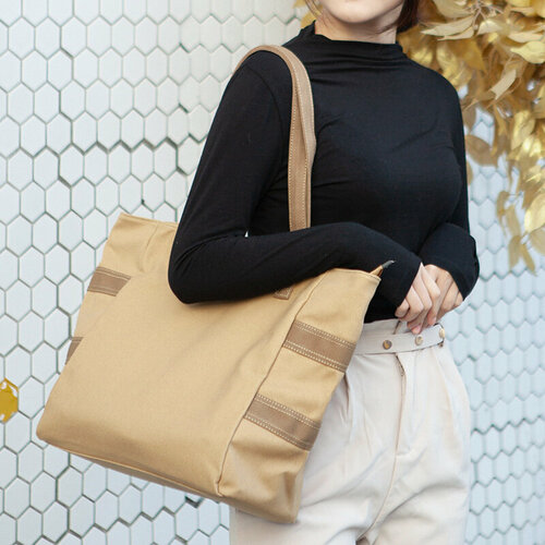 Сумка шоппер  большая на плечо тканевая на молнии, фактура гладкая, бежевый