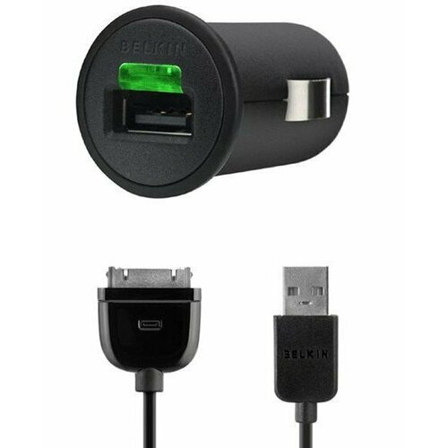 Автомобильное зарядное устройство Belkin F8Z571cw03, USB, 30-pin (Apple), 1A, черный автомобильное зарядное устройство prime line 2200 30 pin apple 1a белый