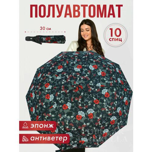 фото Зонт lantana umbrella, полуавтомат, 3 сложения, купол 100 см., 10 спиц, система «антиветер», чехол в комплекте, для женщин, черный