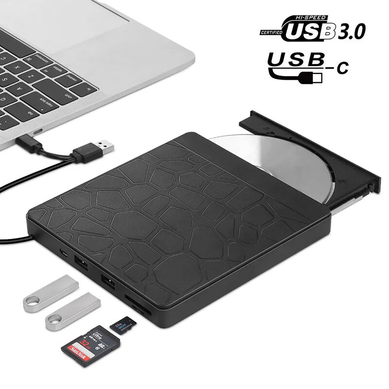 Внешний дисковод, оптический привод USB 3.0, Type C на CD / DVD / 2*USB / Micro USB / SD разъем / TF slot - черный CD-rom DVD ром CD ром