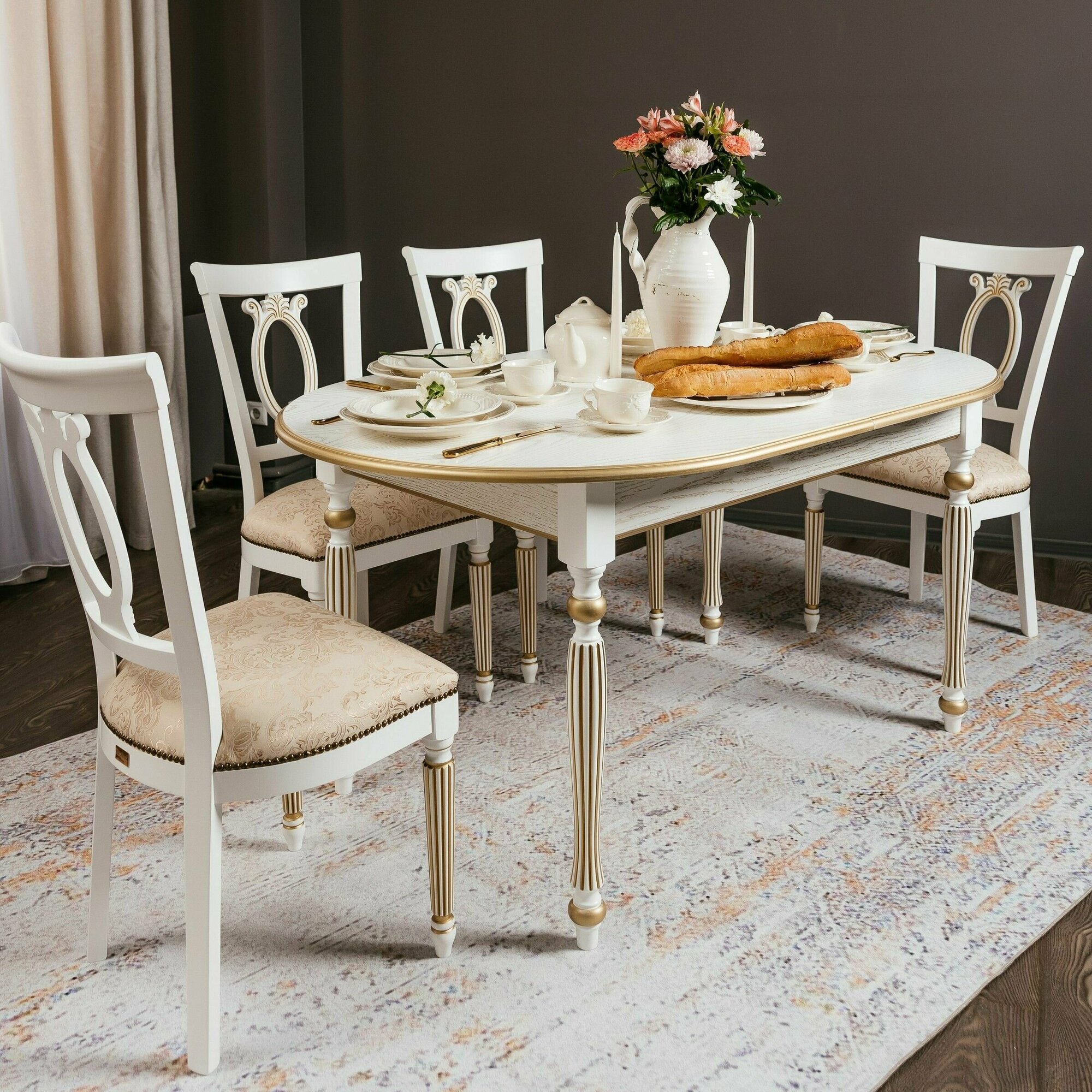 фото Обеденная группа стол ВЕРОНА-2 шпон дуба/стул лола массив бука, эмаль белая с патиной золото для гостиной, дерево, классический