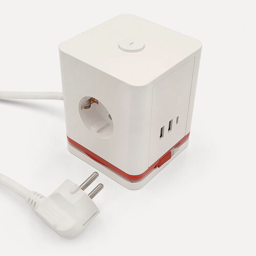 Изображение товара Удлинитель-куб, 3 гнезда, 16А, с заземлением и выключателем, 2USB+Type-C, 3,4A, цвет белый