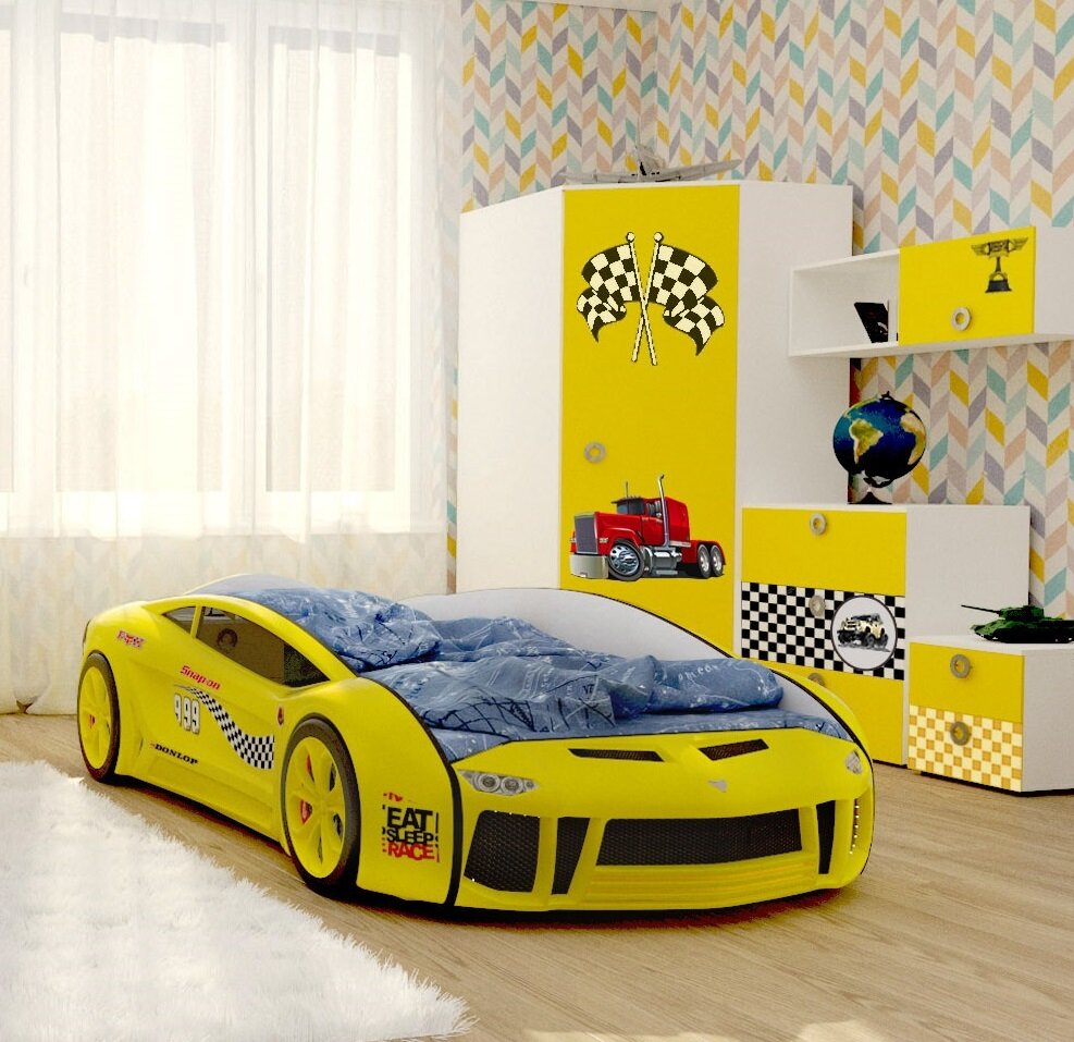 КарлСон кровать-машина детская Ламба-NEXT, цвет желтый, с подсветкой фар и дна