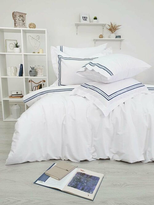 Комплект постельного белья Tivolyo home LINE, сатин люкс, семейный, белый/синий