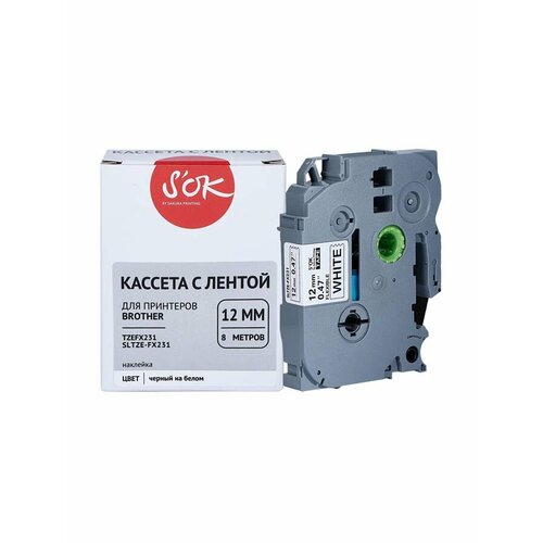 Кассета с лентой TZE-FX231 для Brother PT-E550WVP, PT-H110, PT-P700, PT-E110VP S'OK черный на белом, 12мм/8м, наклейка geprc gep pt accessories