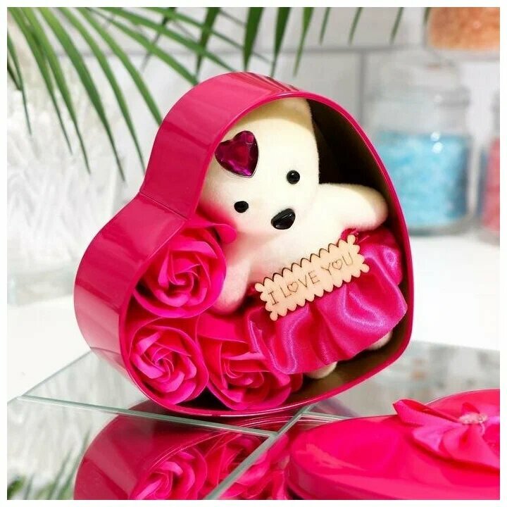 Подарочный Бьюти-Набор Бордово-розовые розы, 3 мыльных лепестка в железной коробке + медведь, подарок на 14 февраля, мыльные розы
