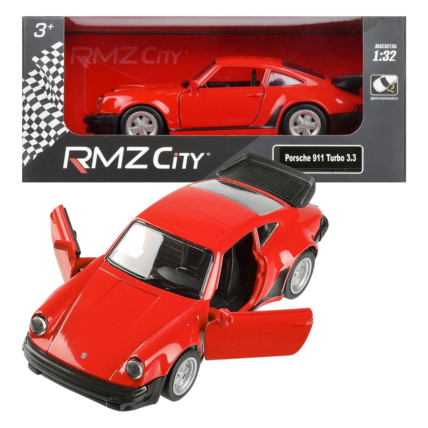 Машина Uni-Fortune "RMZ City", Porsche 930 Turbo (1975-1989), металл, масштаб 1:32, красная, инерционная, двери открываются