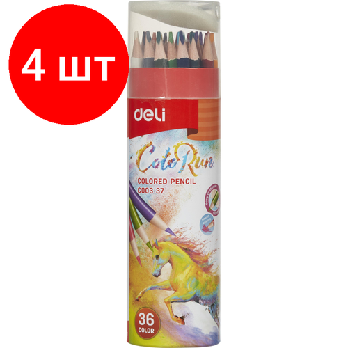 Комплект 4 наб, Карандаши цветные Deli EC00337 ColoRun 3-гран. 36цв/наб. точилка карт. тубус