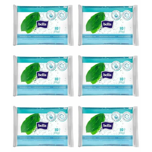 BELLA Салфетки влажные освежающие с ароматом зеленого чая 10 шт - 6 упаковок 1058₽
