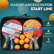 Набор для настольного тенниса START LINE: 4 Ракетки Level 200, 6 Мячей Club Select, упаковано в сумку на молнии с ручкой.