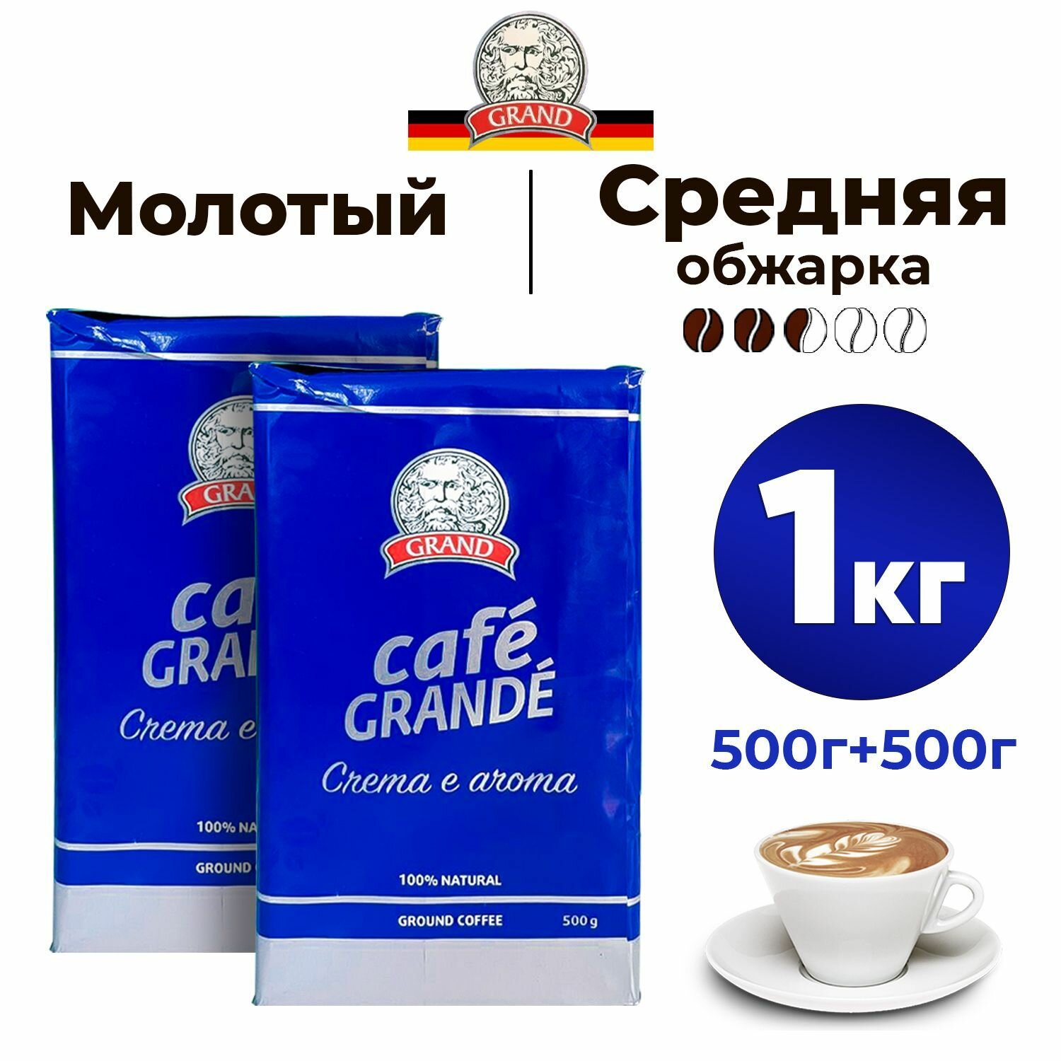 Кофе молотый GRAND Café Grande Crema e Aroma, средняя обжарка, арабика, робуста, 2 уп, 1000 гр.