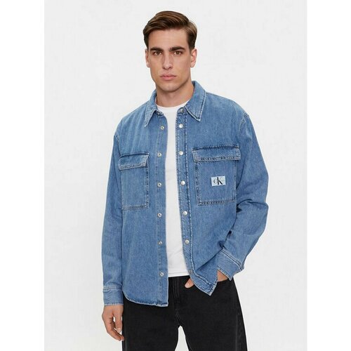 Рубашка Calvin Klein Jeans, размер XL [INT], синий men denim shirt spring gradient denim shirt men korean pocket stitching single breasted turn down collar ripped shirt vintage