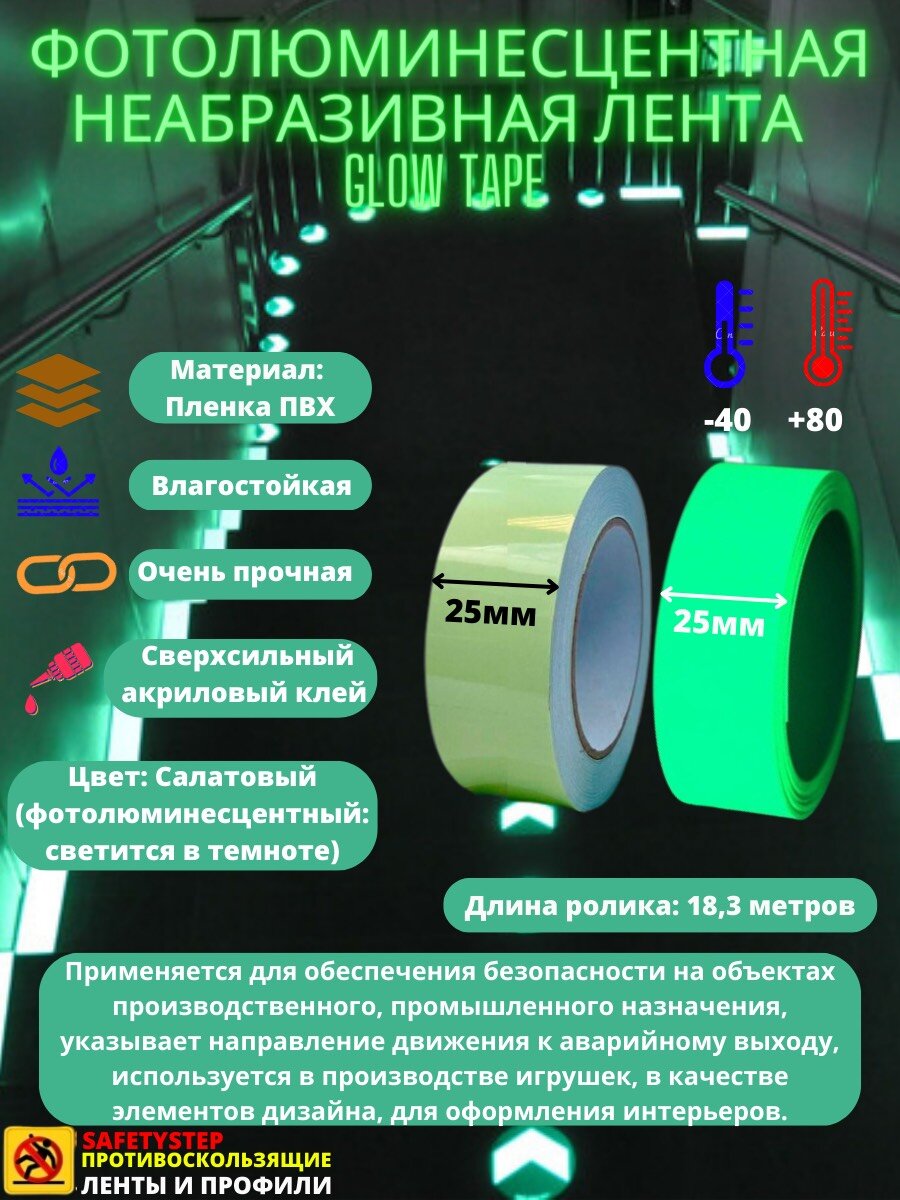 Фотолюминесцентная лента Glow Tape WITH GREEN ARROWS неабразивная размер 50мм х 18.3м цвет Салатовый/Елочка SAFETYSTEP