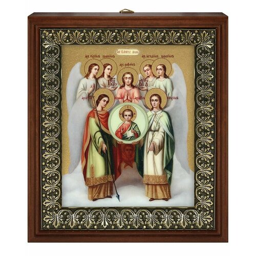 Икона Собор Архангела Михаила 2 на золотом фоне в рамке со стеклом (размер изображения: 13х16 см; размер рамки: 18х20,7 см).