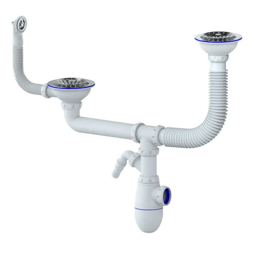 фото Сифон для кухонной мойки двойной выпуски 1 1/2" (40 мм), жесткое и гибкое соединение, круглый перелив, отвод для стиральной посудомоечной машины, винт, шток, ручка, сетка - латунь Unicorn B748V