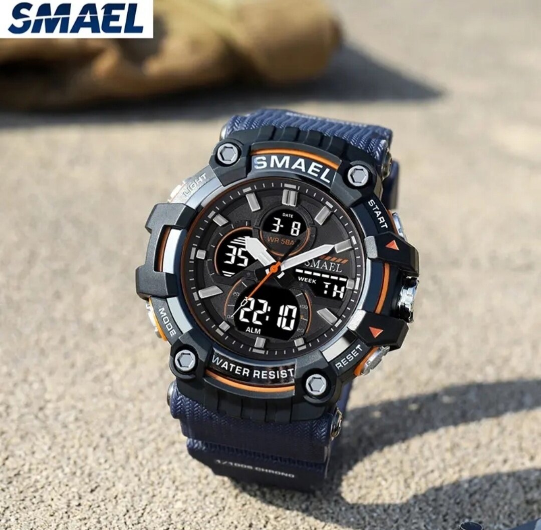 фото Часы мужские тактические наручные кварцевые электронные SMAEL SM8079 спортивные водонепроницаемые цвет синий с черным