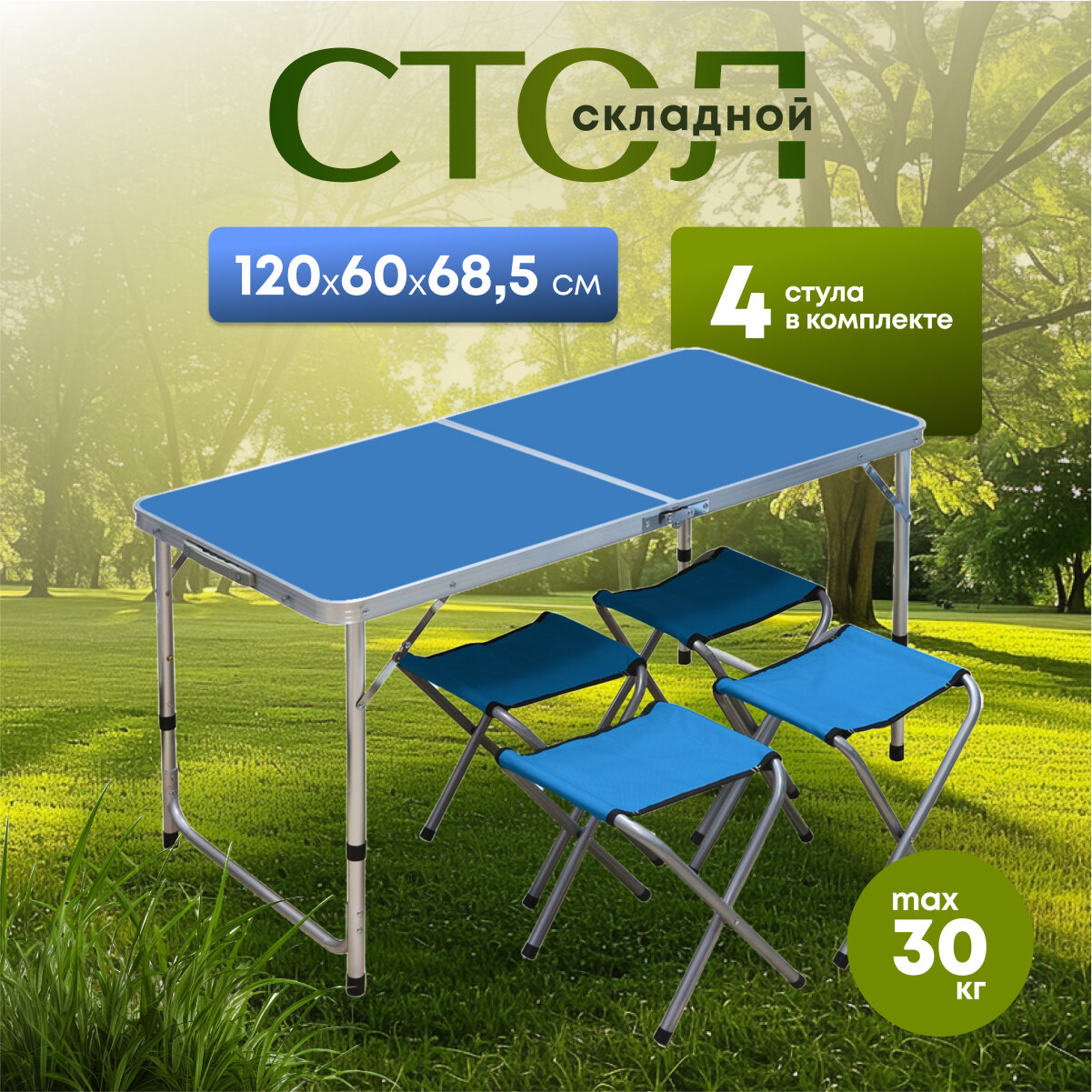 фото Стол складной металл, прямоугольный, 120х60х68.5 см, столешница МДФ, синий, 4 стула, YTFT013
