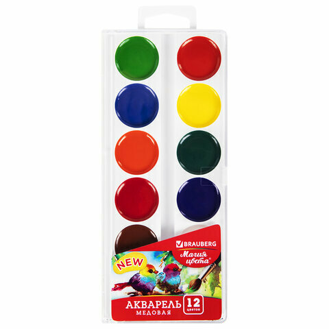 Краски акварельные BRAUBERG "магия цвета NEW", медовые, 12 цветов, круглые кюветы, 192286