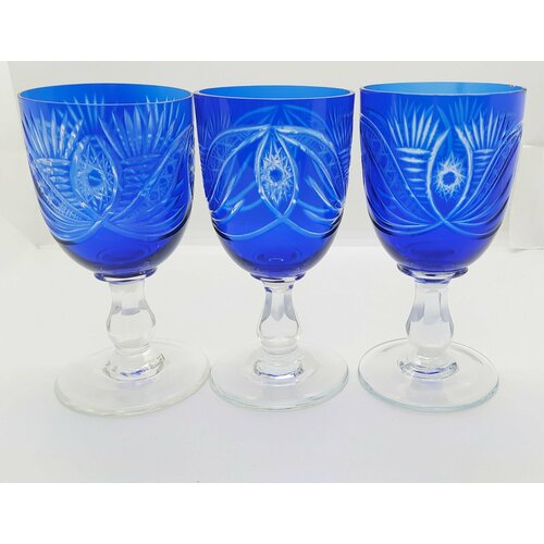 Набор из трёх бокалов синего цвета со звёздчатым декором, стекло, СССР, 1960-1990 гг.
