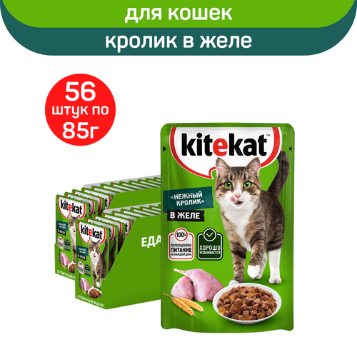 Влажный полнорационный корм KITEKAT™ для взрослых кошек со вкусом кролика в желе «Нежный кролик», 56 шт по 85 г