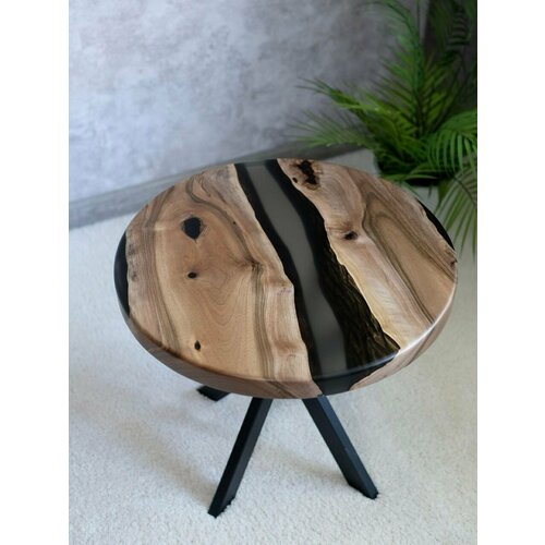 Круглый стол Redwoodloft из массива натурального дерева орех с эпоксидной смолой 50см, цвет чёрный, серый,