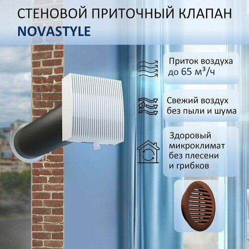 Приточный клапан стеновой NovaSTYLE КИВ-125 с квадратным оголовком, с трубой 0,6 м, решеткой RAL8017