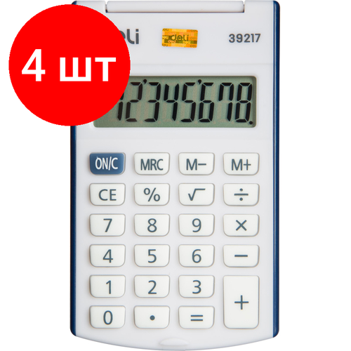 Комплект 4 штук, Калькулятор карманный Deli E39217, 8-р, батар, 102x61мм, синий